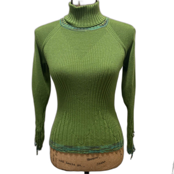 Missoni Green Ribbed Chevron Turtleneck Sweater 100% Wool US Size 2 (IT 38) - Picture 1 of 5